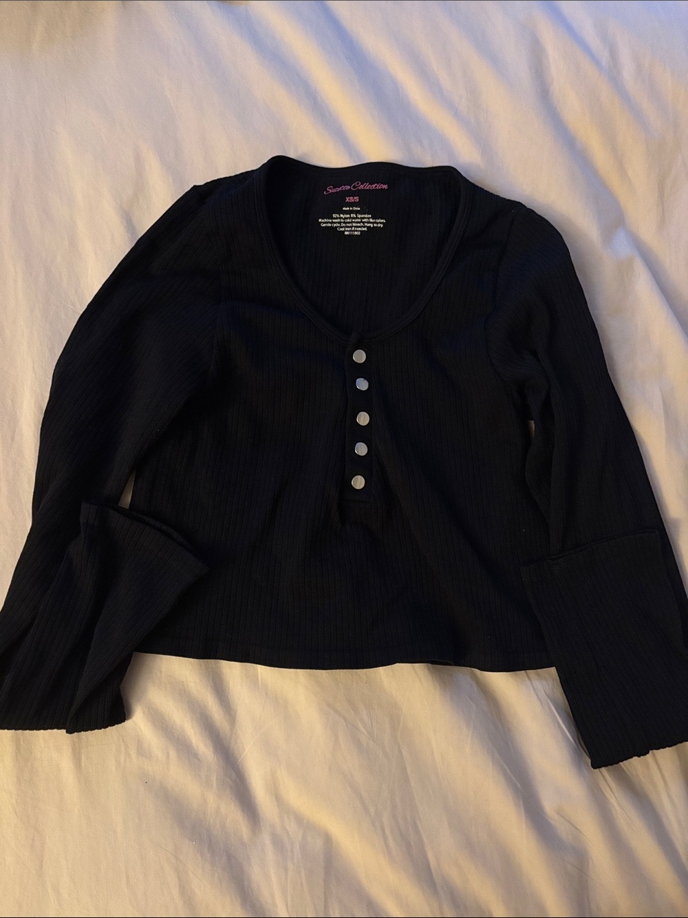 Suzette Collection Black Ribbed Button-Front Women's Top